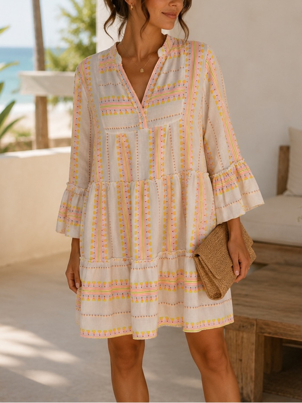 Guadalupe Cotton Mini Dress Small Boho Resort Beach Tiered Embroidered Vacation